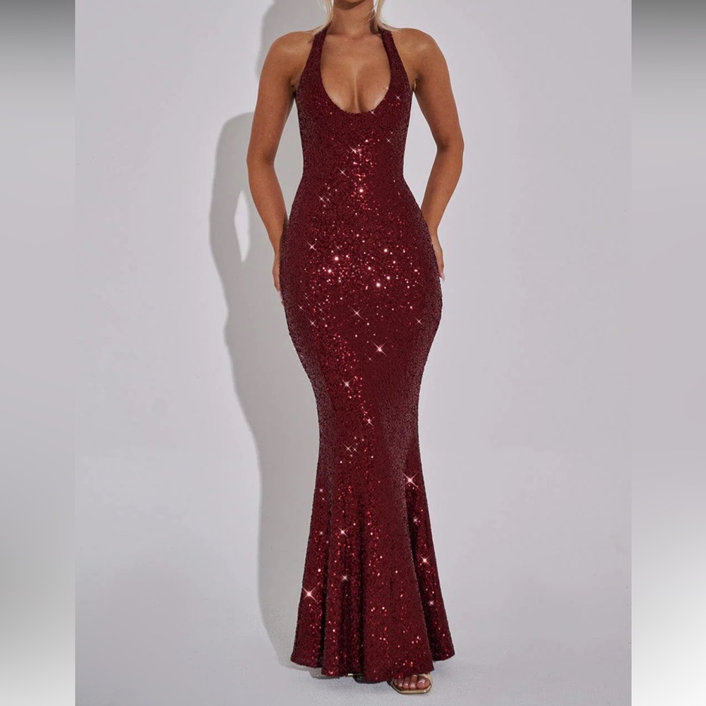 Babyboo Glamorous Backless Burgundy Sequin Dress